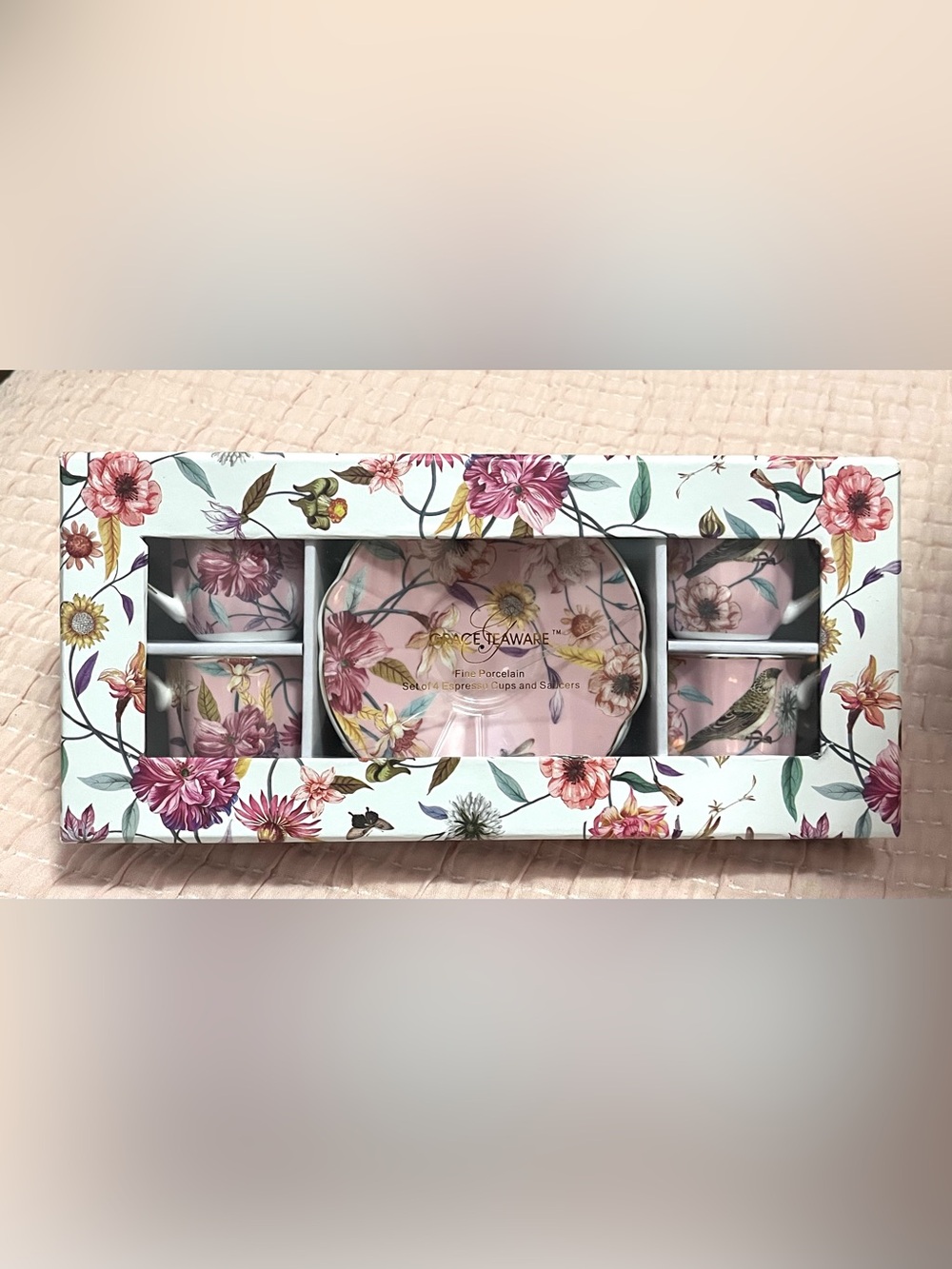 Grace Teaware Floral Porcelain espresso coffee Tea Set Pink floral flowers bird